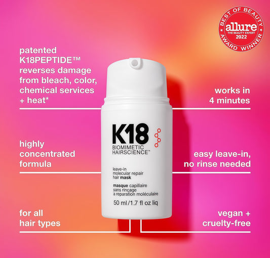 K18 Leave-In Molecular Repair Hair Mask, Patented, Lasting Repair For Dry, Frizzy, Damaged Hair, Reverse Damage In 4 Minutes From Bleach, Color, Chemical Services + Heat